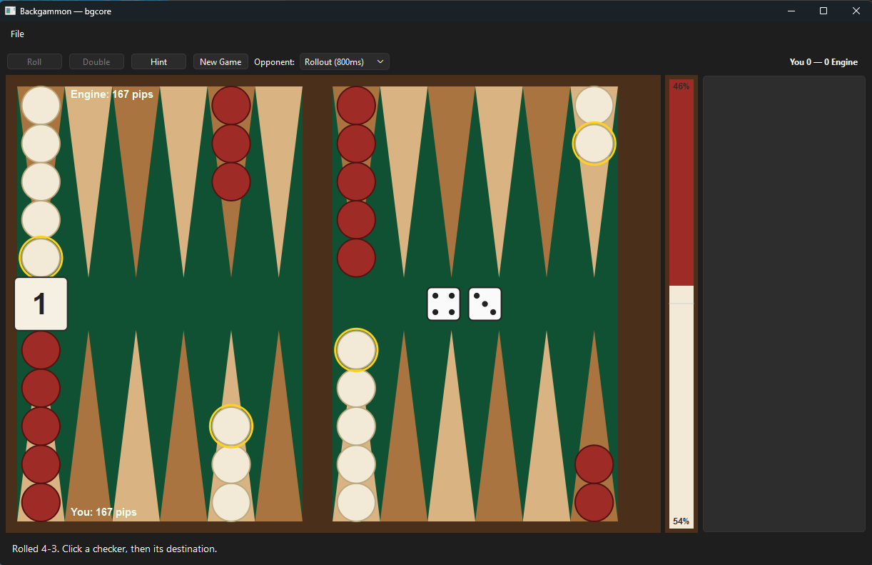 The Backgammon-NN app just after a roll of 4-3, with the checkers that can legally move ringed in gold, the doubling cube at the left and the win-probability bar down the right