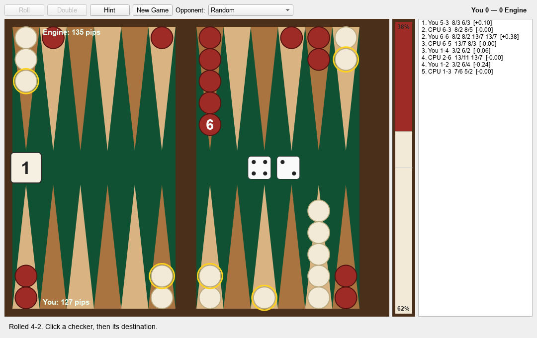 Backgammon-NN desktop app — board with checkers and dice, the doubling cube, a live evaluation bar, and a move list with equities