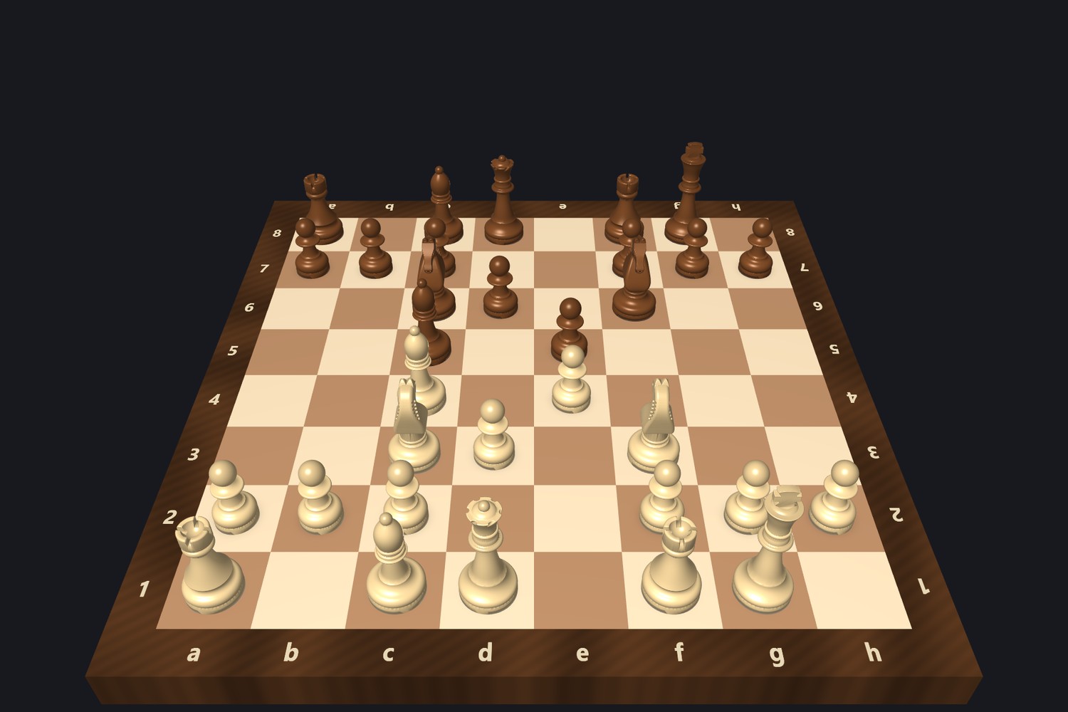 CST-GUI's live 3D board — sculpted Staunton pieces on a wooden board with coordinate labels, an Italian Game seen from White's side