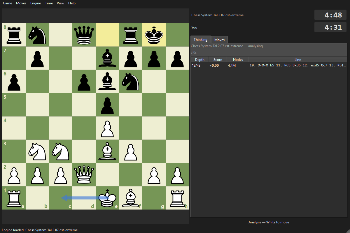 CST-GUI — a 2D chess board mid-game against Chess System Tal, with the engine's live analysis, principal-variation line, best-move arrow and clocks
