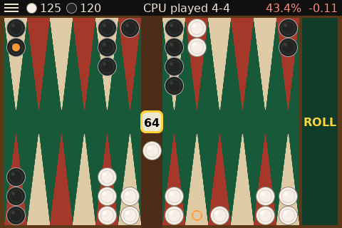 Retro Backgammon in the middlegame: one of your checkers on the bar after the engine played double fours, with your winning chances of 43.4% in the status bar