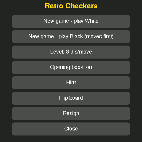 The menu: new game as White or Black, level, opening book, hint, flip board, resign, close