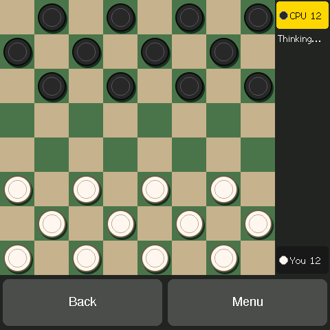 The 4-inch square screen at the start of a game, with the engine thinking: the board, a status column on the right, and wide Back and Menu buttons below