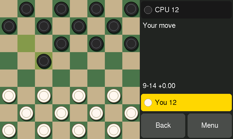 Retro Checkers on the 7-inch screen after the engine's first move: the board, the two sides with their piece counts, the move just played and the Back and Menu buttons