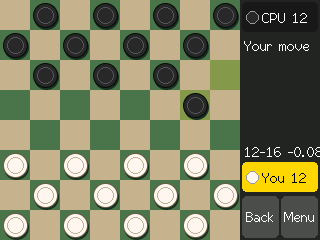 The 2-inch M5Stack CoreS3 screen one move into a game: the board with the last move highlighted, and a narrow panel with the sides, the move and its score