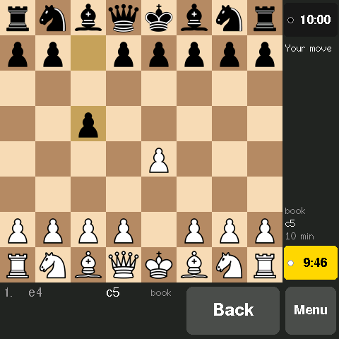 The 4-inch square screen two moves into a game: the board, the clocks in a column on the right, and the move list with the Back and Menu buttons along the bottom