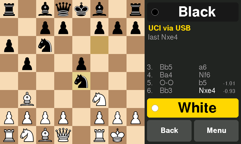 The 7-inch screen in a Ruy Lopez: the move list in chess notation, with the engine's evaluation after each of its moves