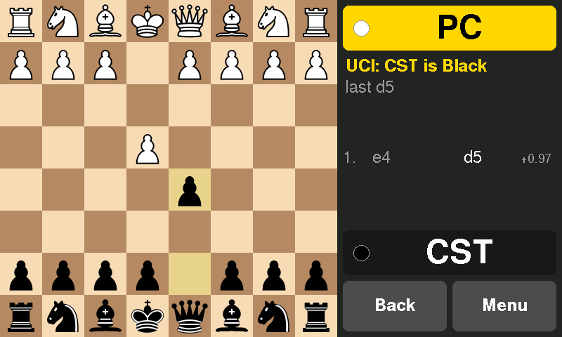 The 7-inch board playing Black in a match run from the PC: its own side at the bottom, marked CST, the opponent's clock marked PC